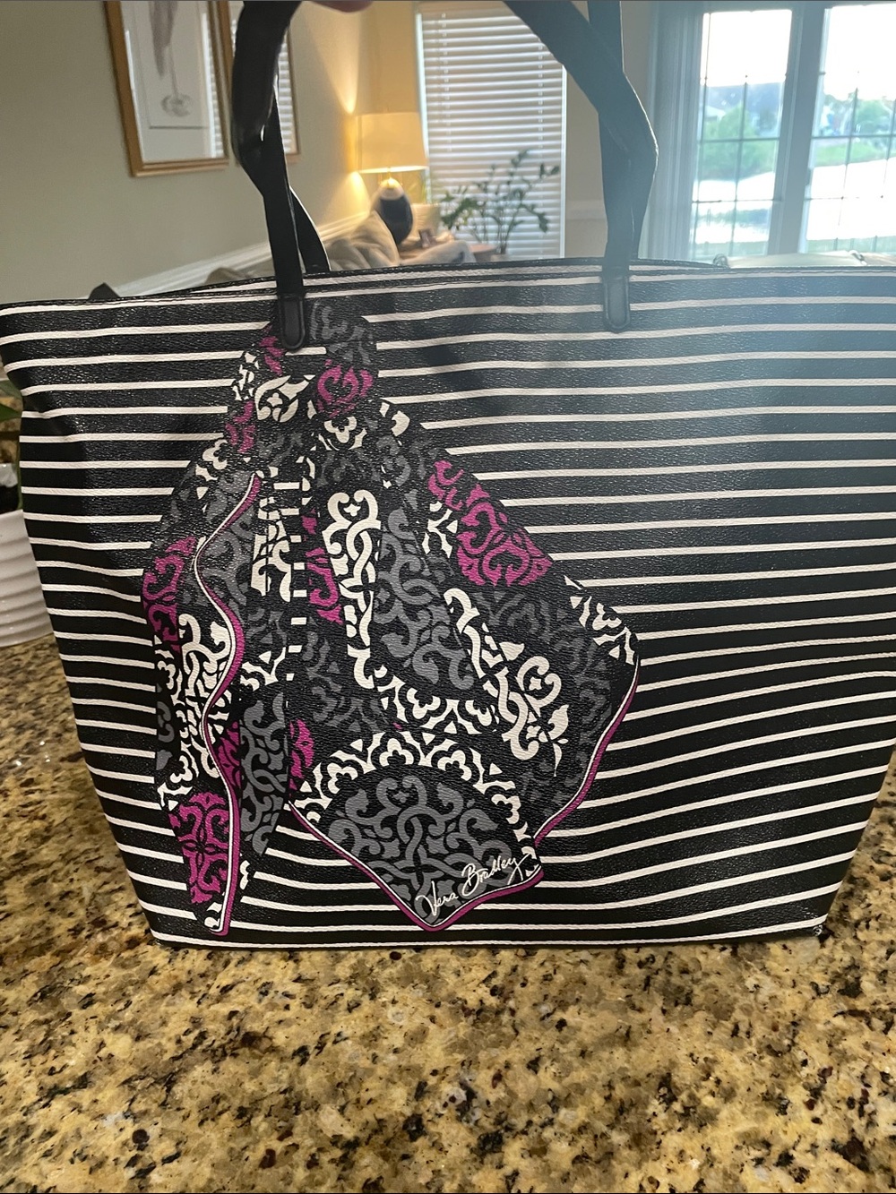 Vera Bradley Black & Pink Striped Tote with Patterned Scarf Accent